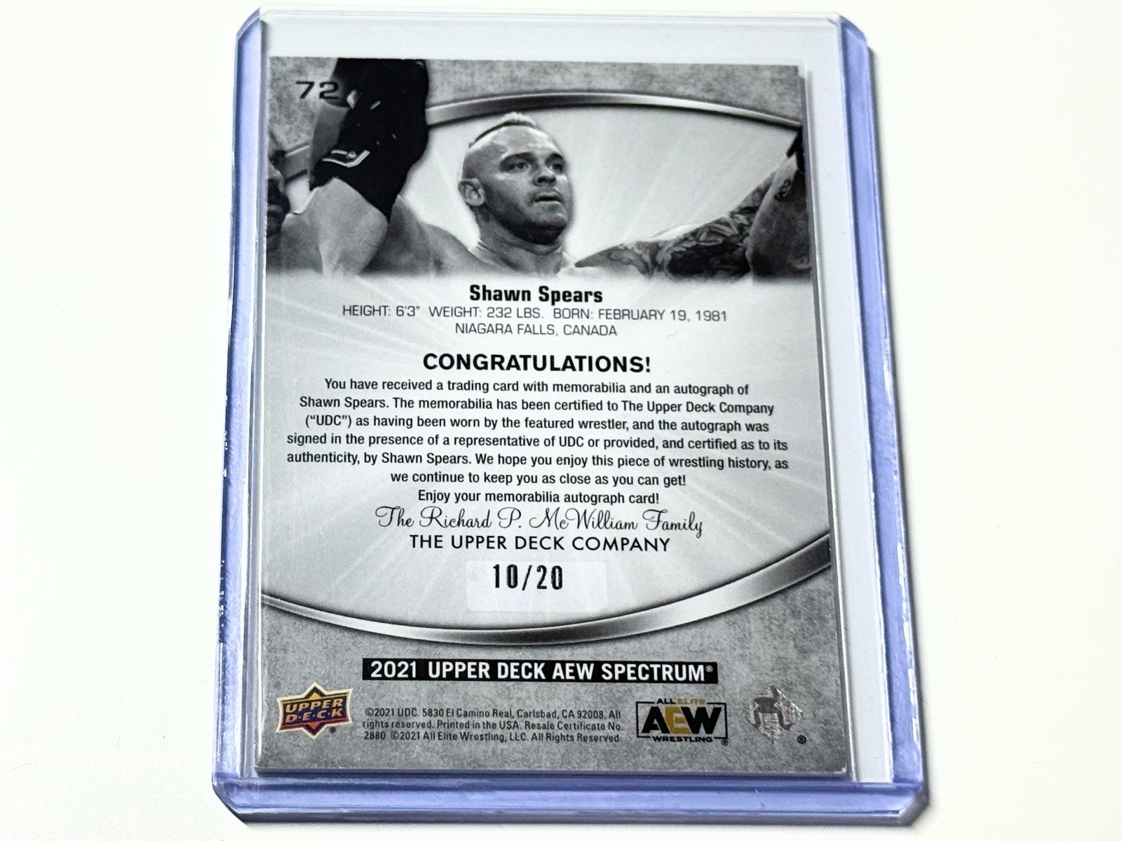 2021 Upper Deck AEW Spectrum Shawn Spears Autographed /20 Card #72