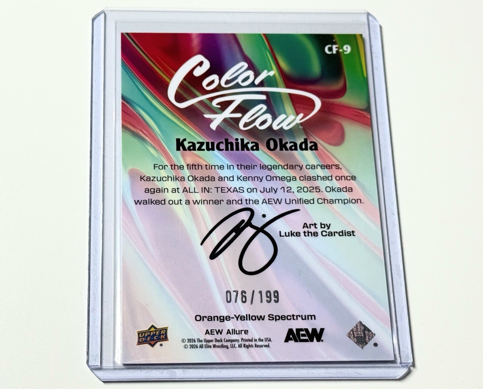 2026 Upper Deck AEW Allure Kazuchika Okada Orange Yellow Spectrum /199 Color Flow Card CF-9