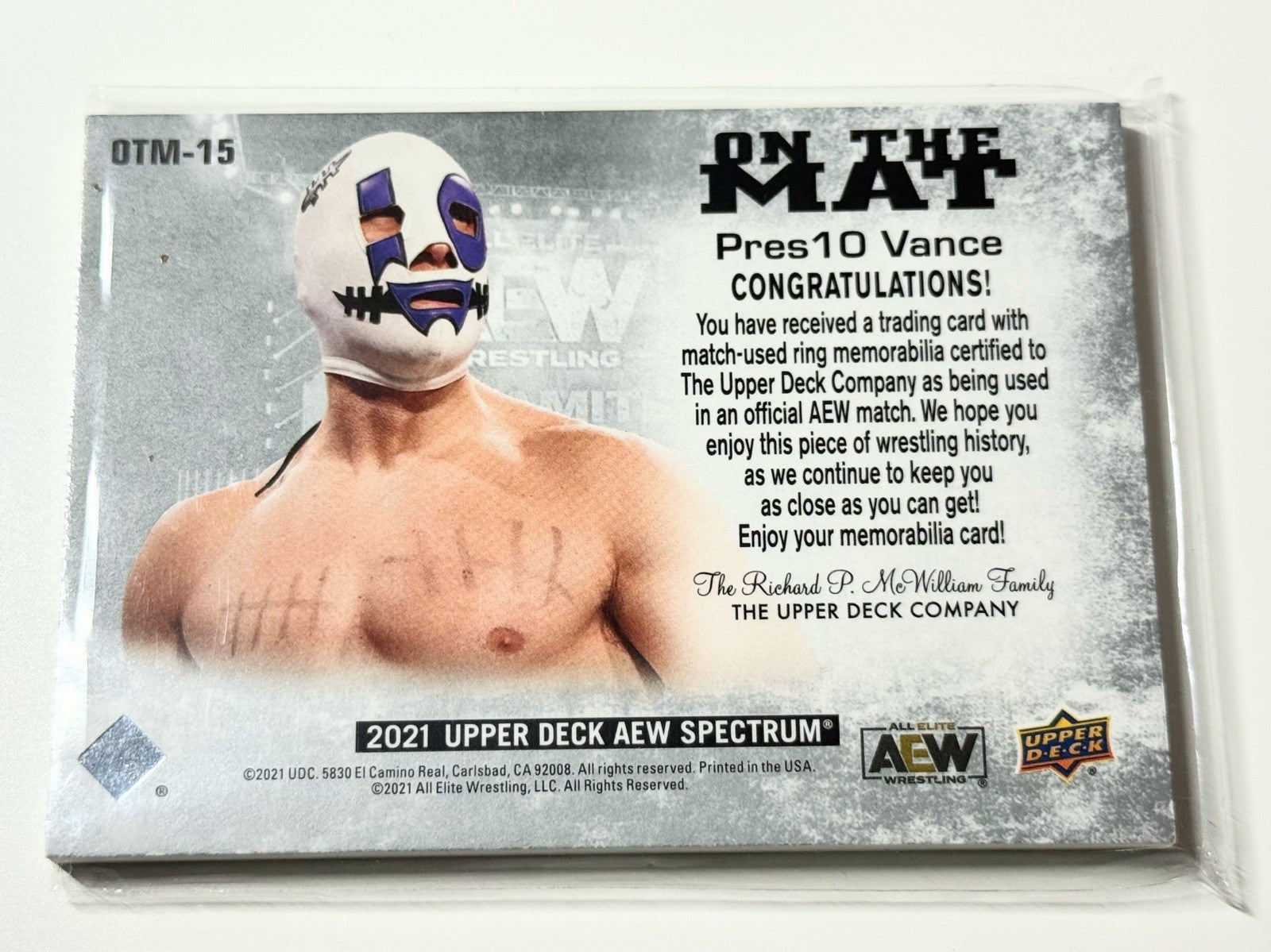 2021 Upper Deck AEW Spectrum Pres10 Vance On The Mat Relic Card OTM-15