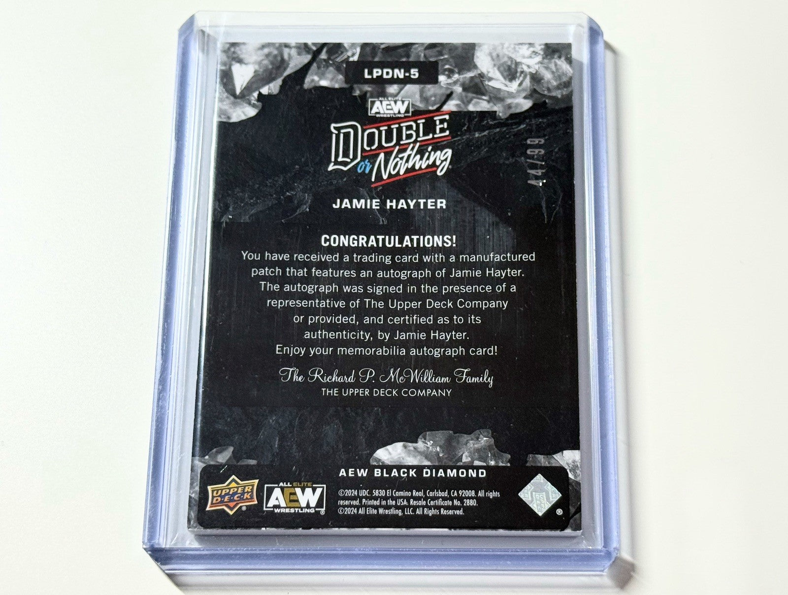2024 Upper Deck AEW Black Diamond Jamie Hayter Double or Nothing Gold Patch /99 Autographed Card LPDN-5