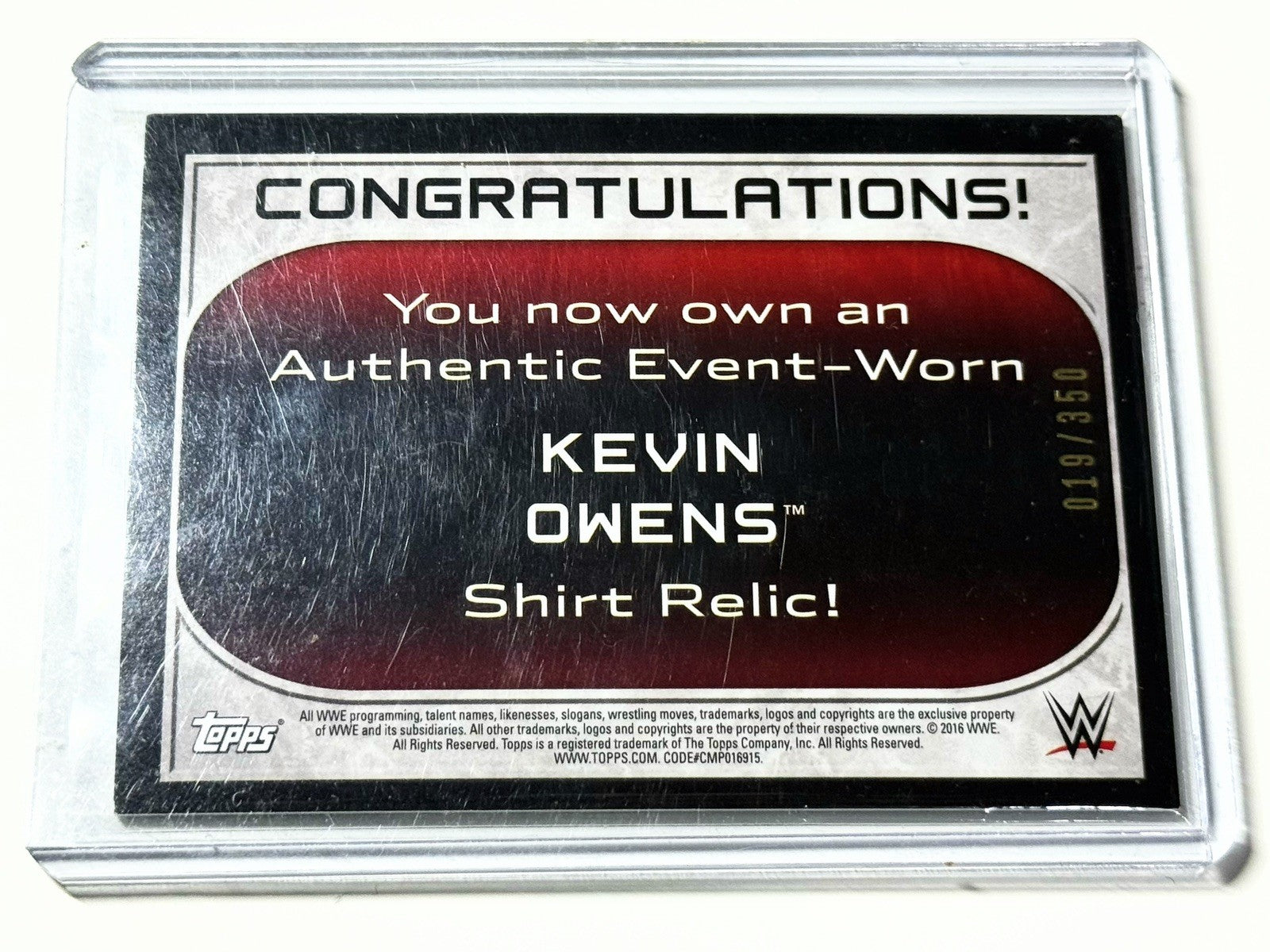 2016 Topps WWE Kevin Owens Event Used Shirt Relic /350 Card