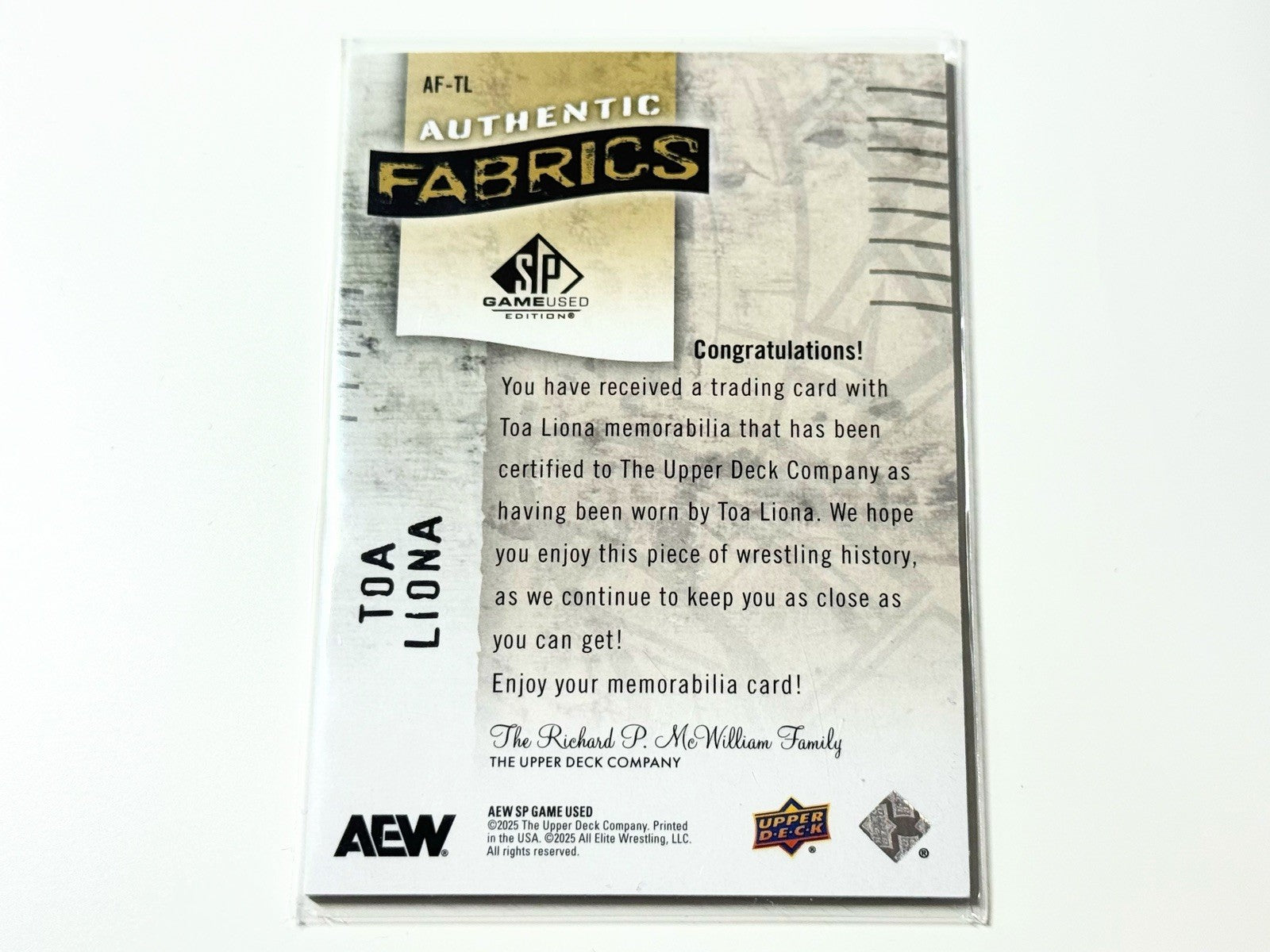 2025 Upper Deck AEW SP Game Used Toa Liona Authentic Fabrics Card AF-TO
