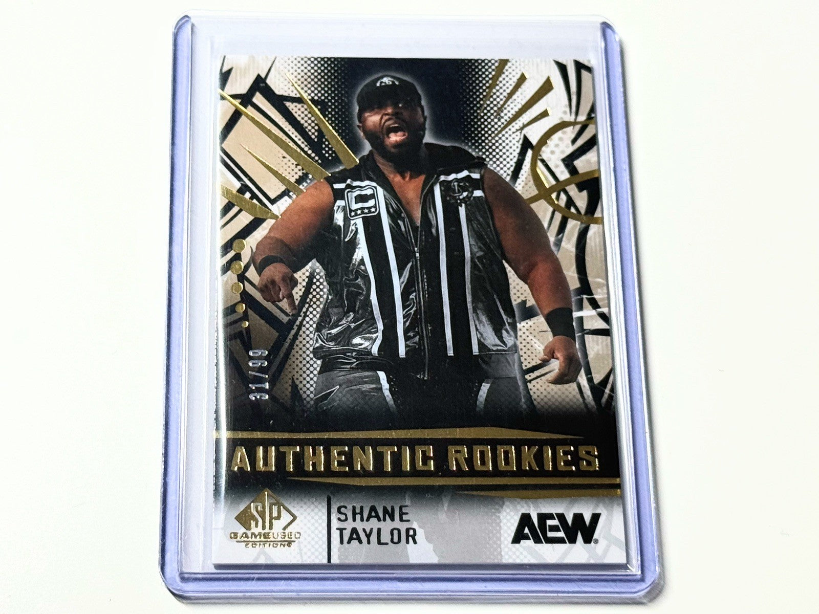 2025 Upper Deck AEW SP Game Used Shane Taylor Authentic Rookies Gold Parallel /99 Card #90