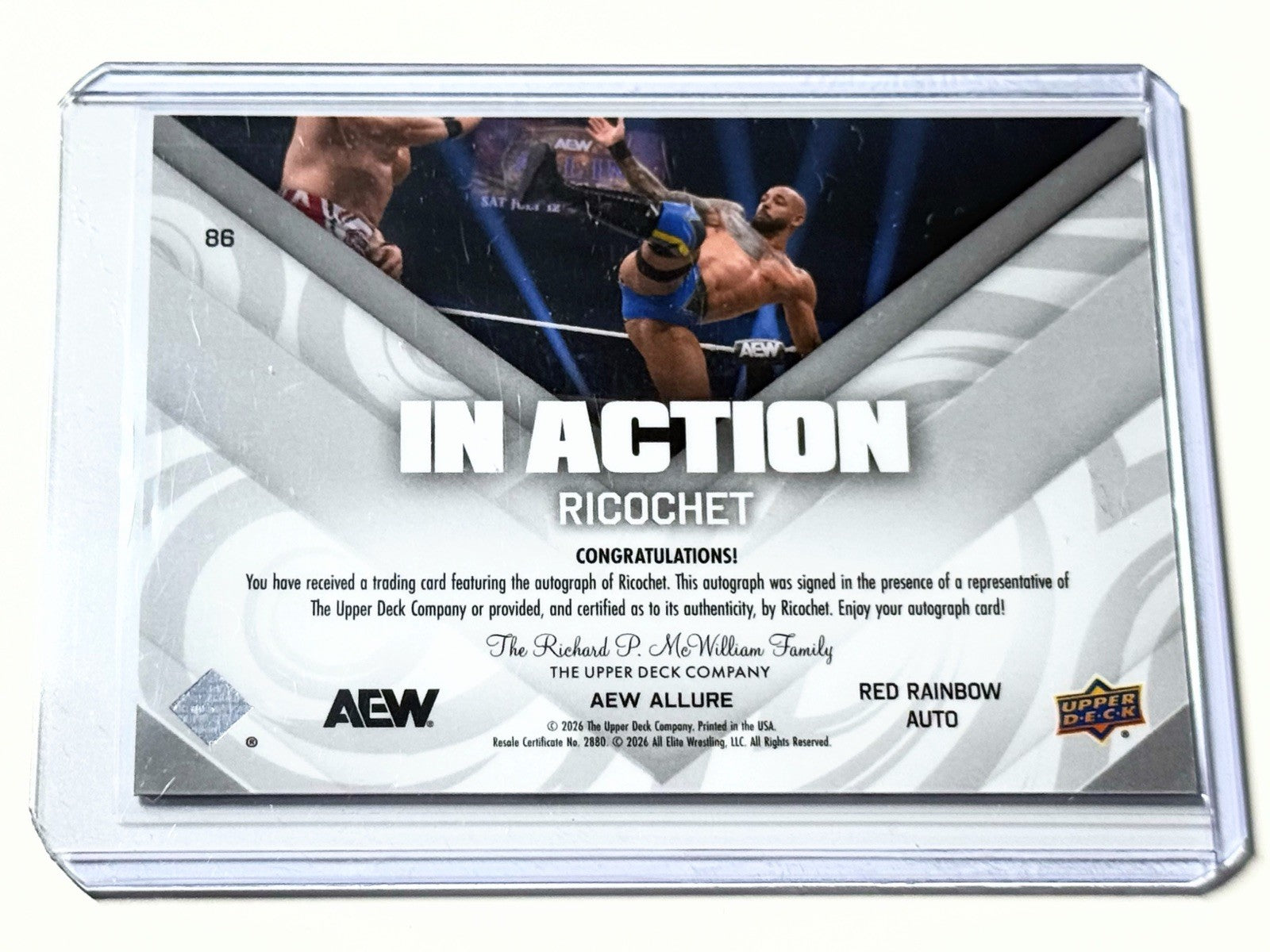 2026 Upper Deck AEW Allure Ricochet In Action Red Rainbow Autographed Card #86