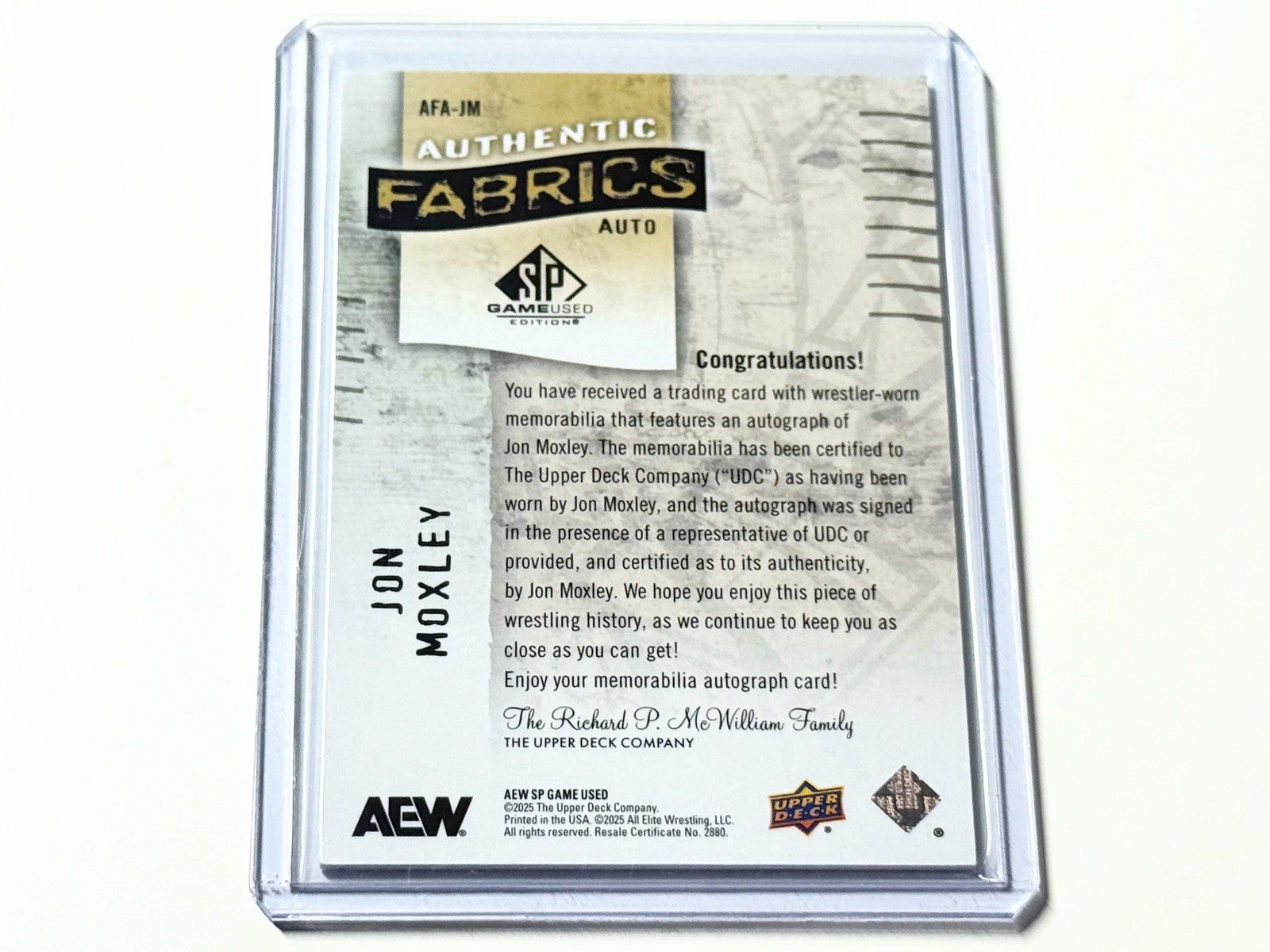 2025 Upper Deck AEW SP Game Used Jon Moxley Authentic Fabrics /49 Autographed Card AFA-JM