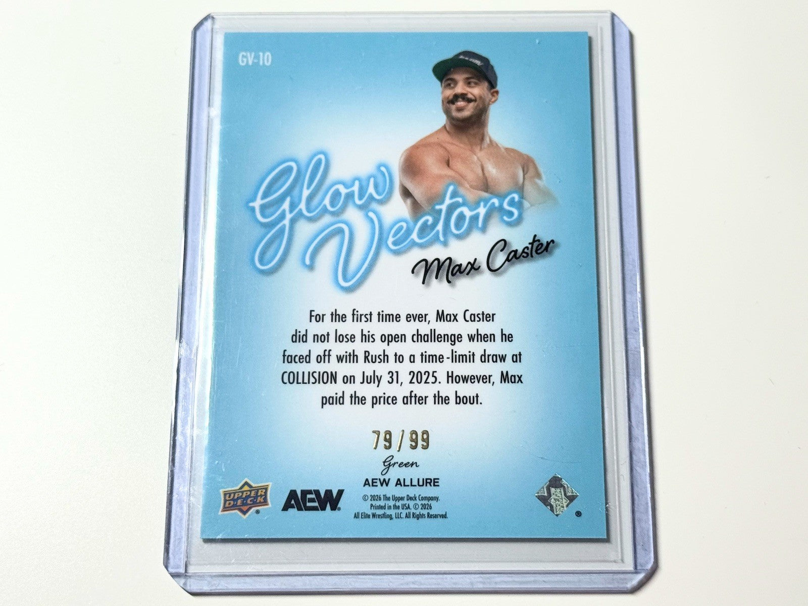 2026 Upper Deck AEW Allure Max Caster Glow Vectors Green /99 Card GV-10