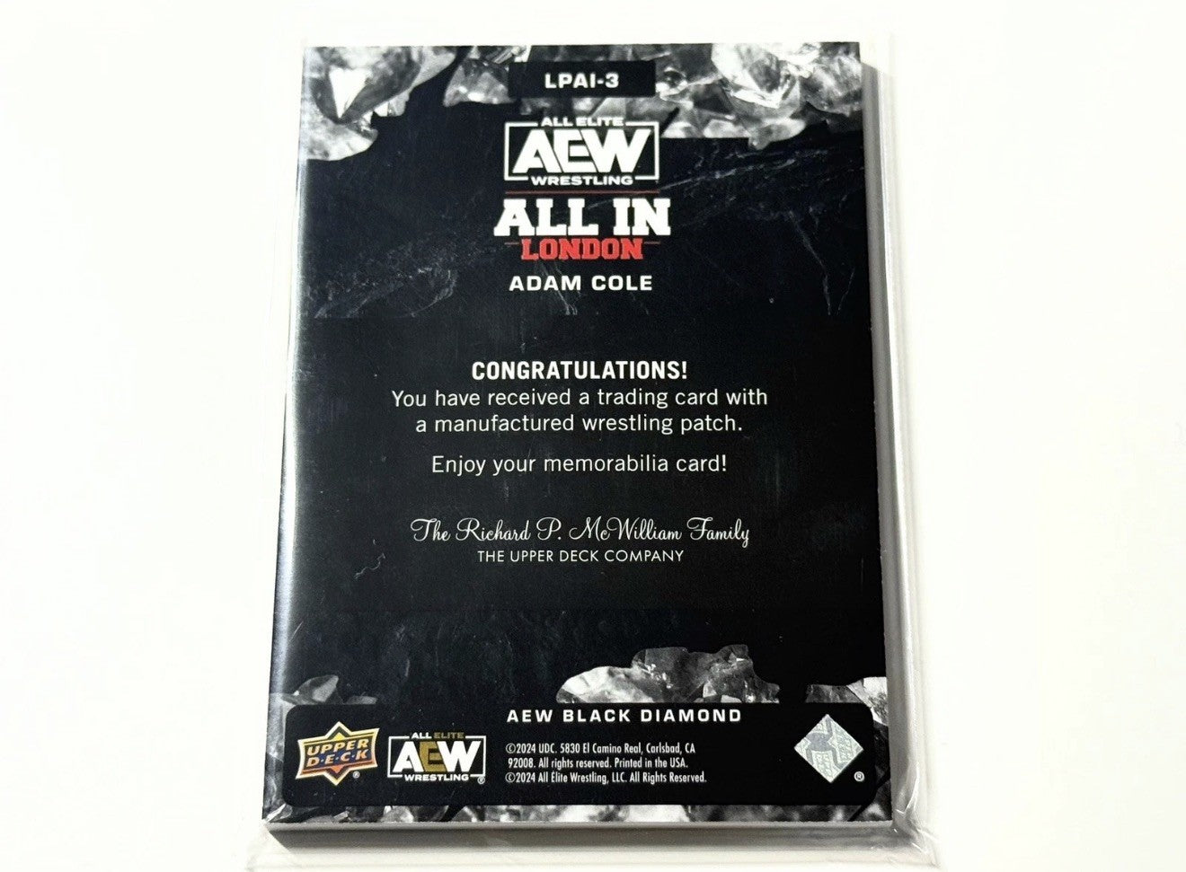 2024 Upper Deck AEW Black Diamond Adam Cole All In London Patch Card LPAL-3