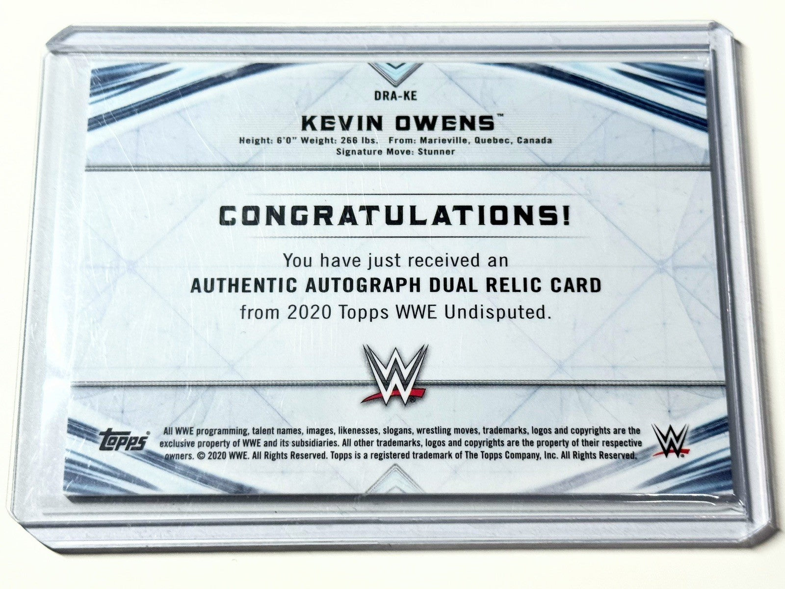 2020 Topps WWE Undisputed Kevin Owens Dual Relic Autographed /10 Card DRA-KE