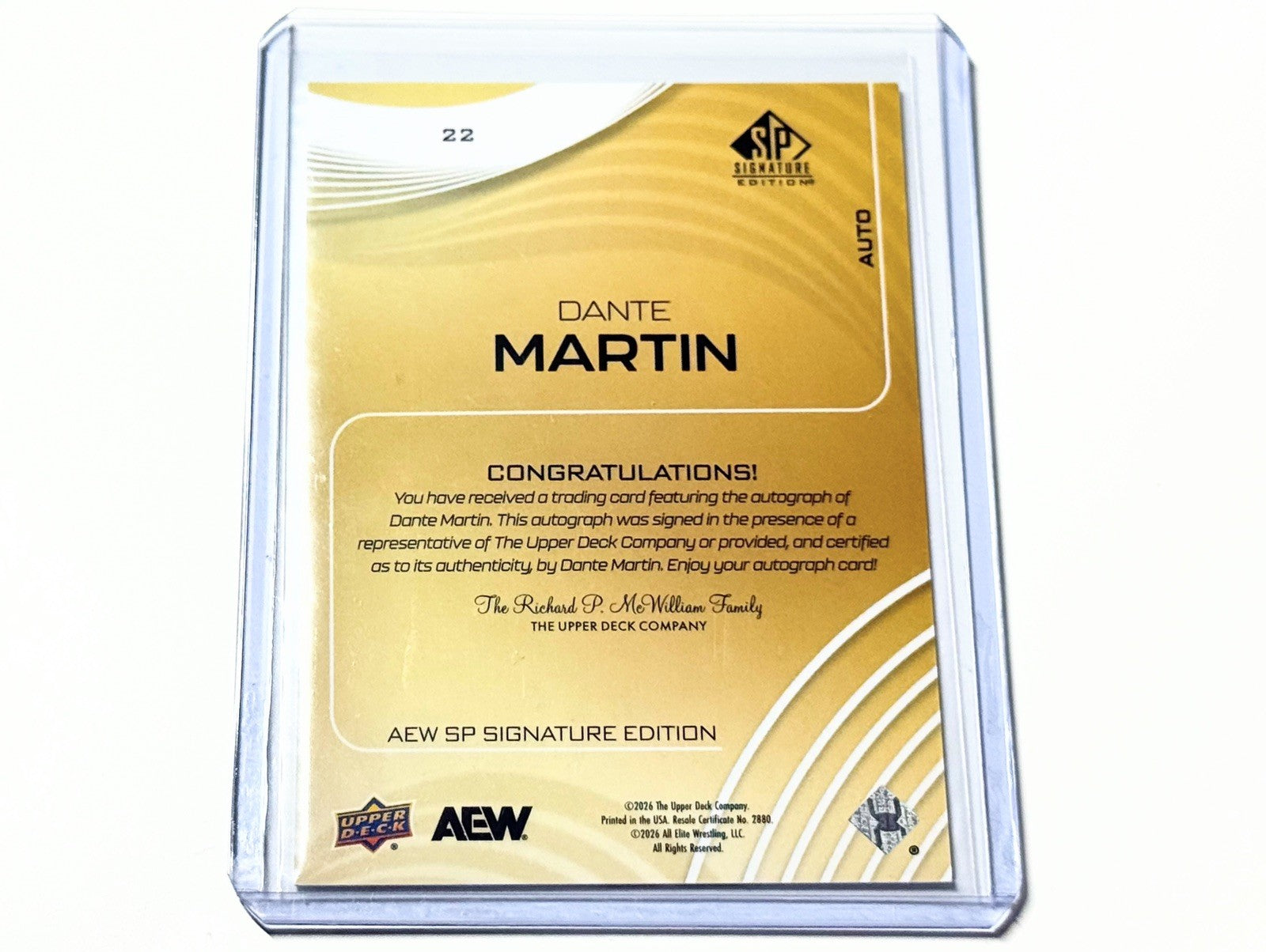 2026 Upper Deck AEW SP Signature Edition Dante Martin Autographed Card #22