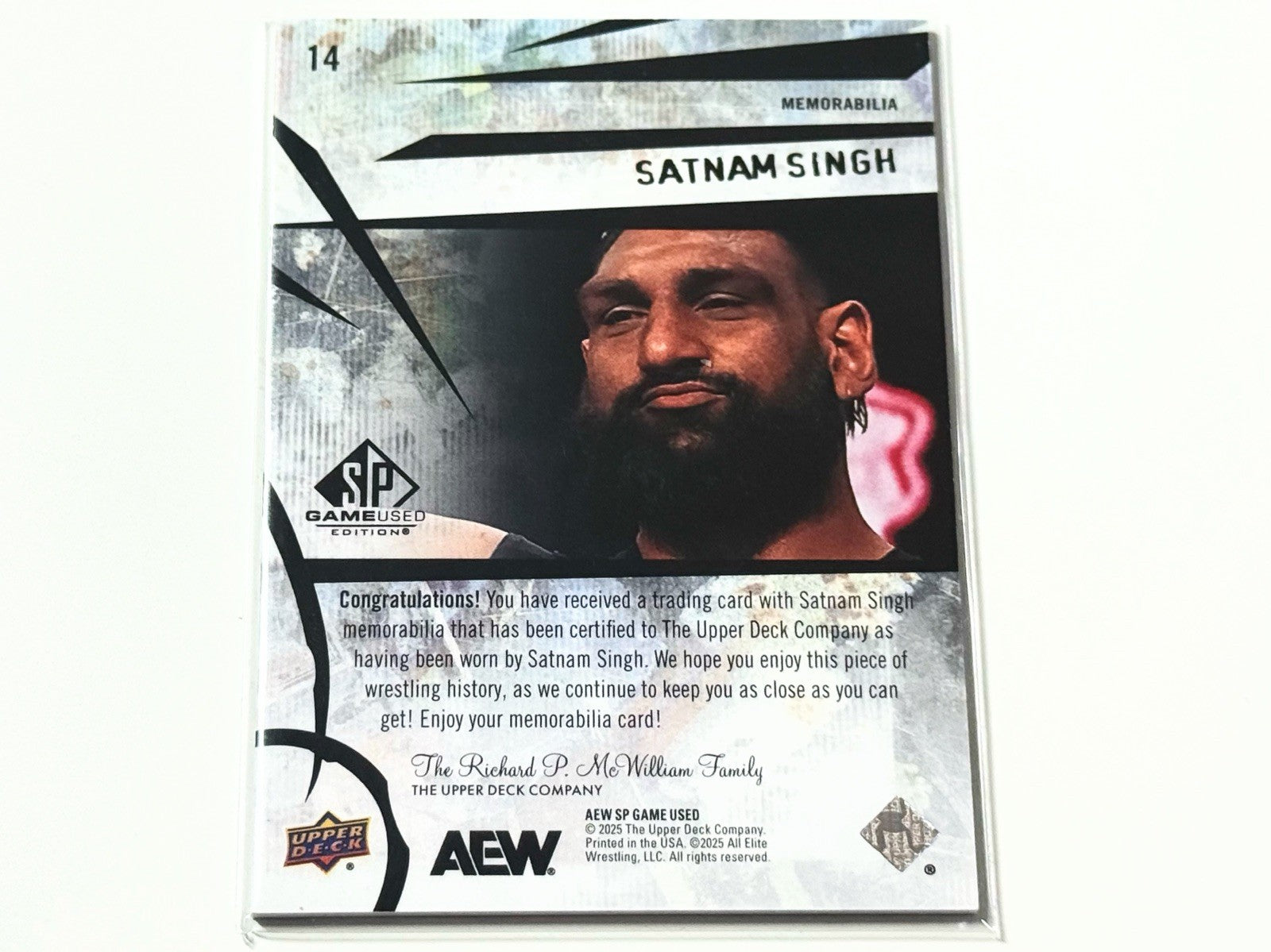 2025 Upper Deck AEW SP Game Used Satnam Singh Authentic Rookies Memorabilia Relic Card #14