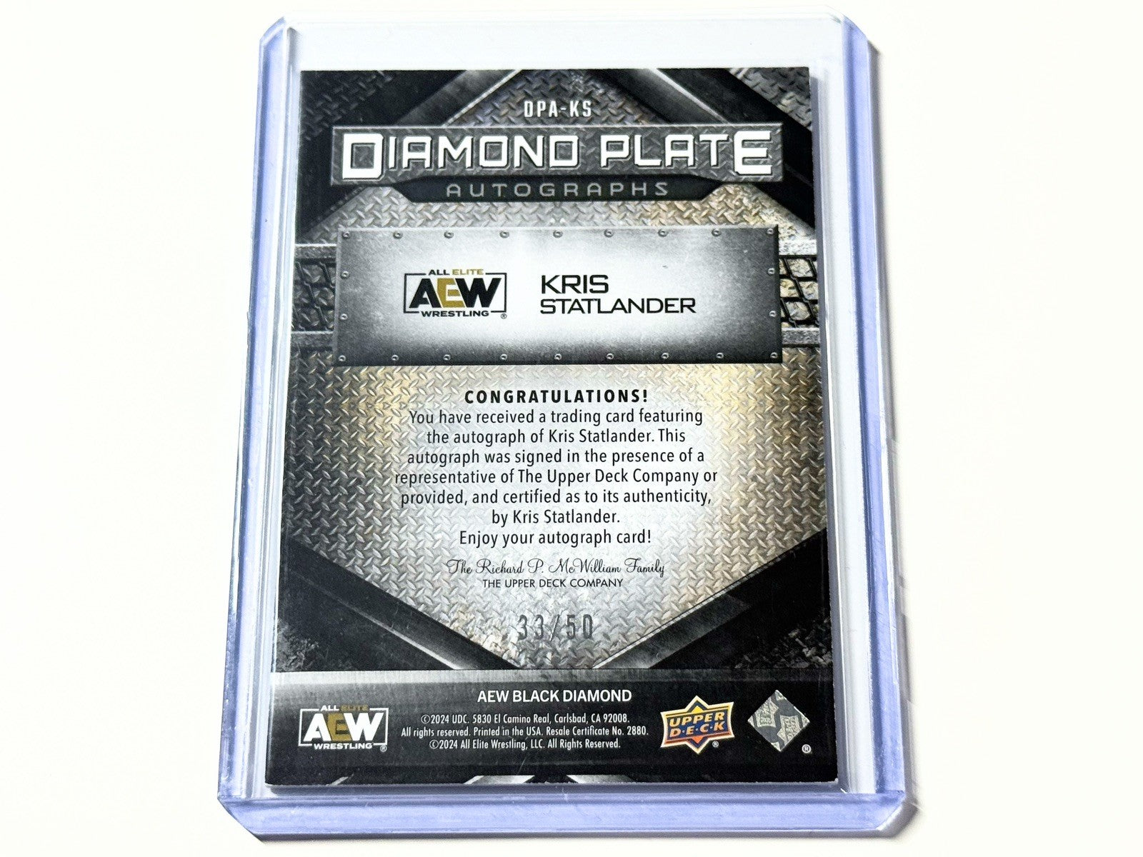 2024 Upper Deck AEW Black Diamond Kris Statlander Diamond Plate /50 Autographed Card DPA-KS