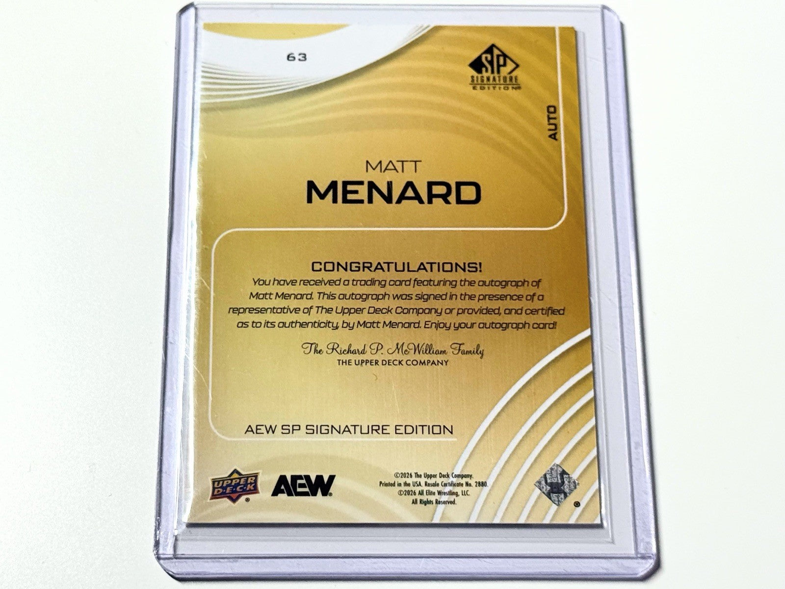 2026 Upper Deck AEW SP Signature Edition Matt Menard Autographed Card #63