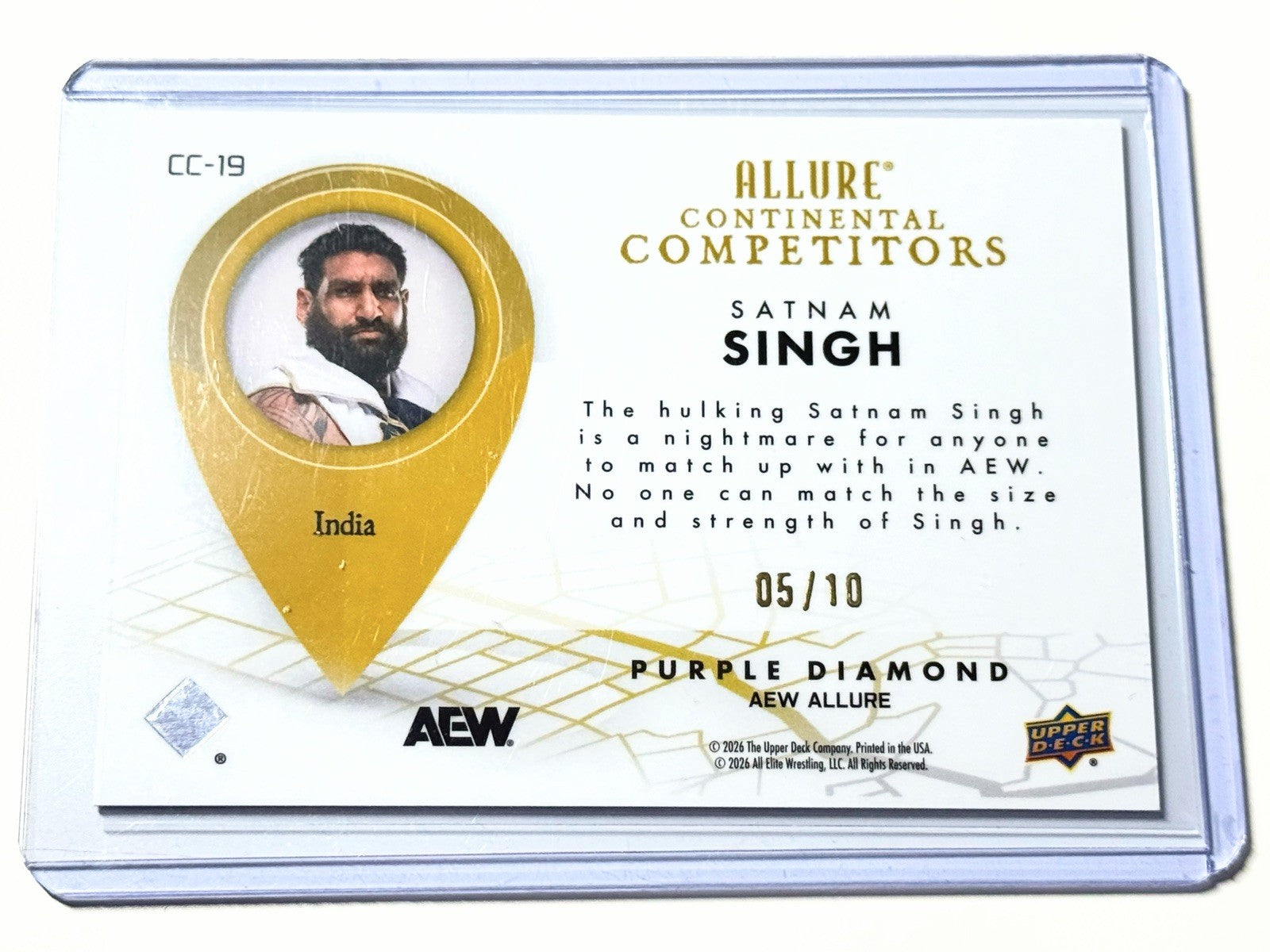 2026 Upper Deck AEW Allure Satnam Singh Continental Competitors Purple Diamond /10 Card CC-19