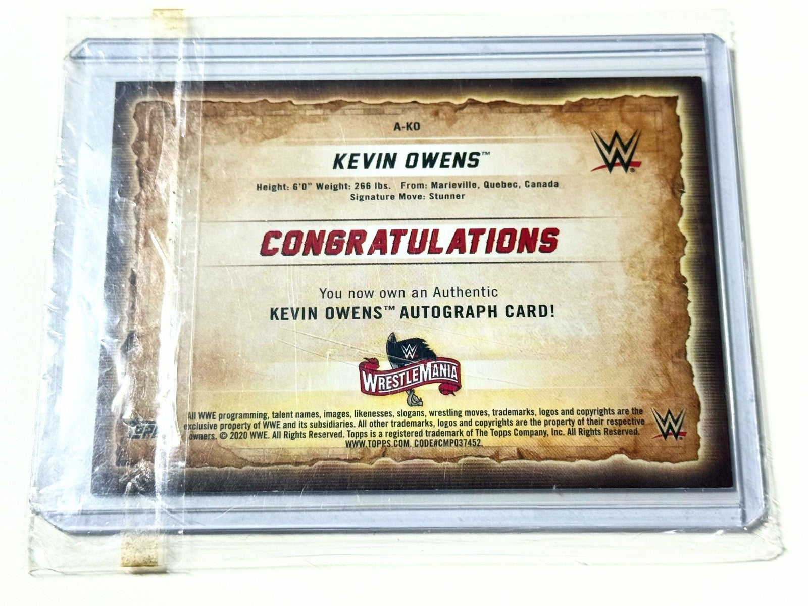 2020 Topps WWE Road to Wrestlemania Kevin Owens Autographed /50 Card A-KO
