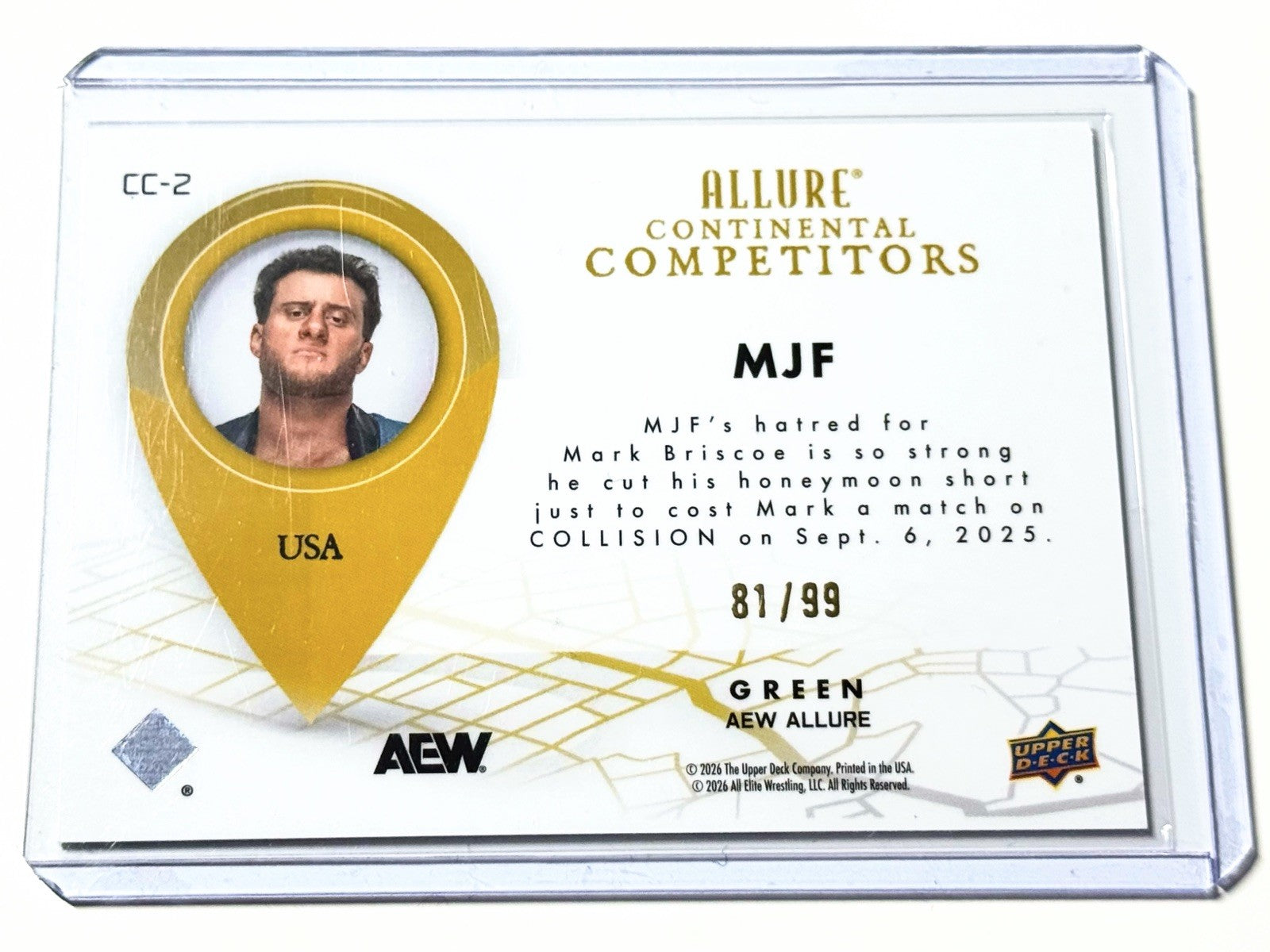 2026 Upper Deck AEW Allure MJF Continental Competitors Green /99 Card CC-2