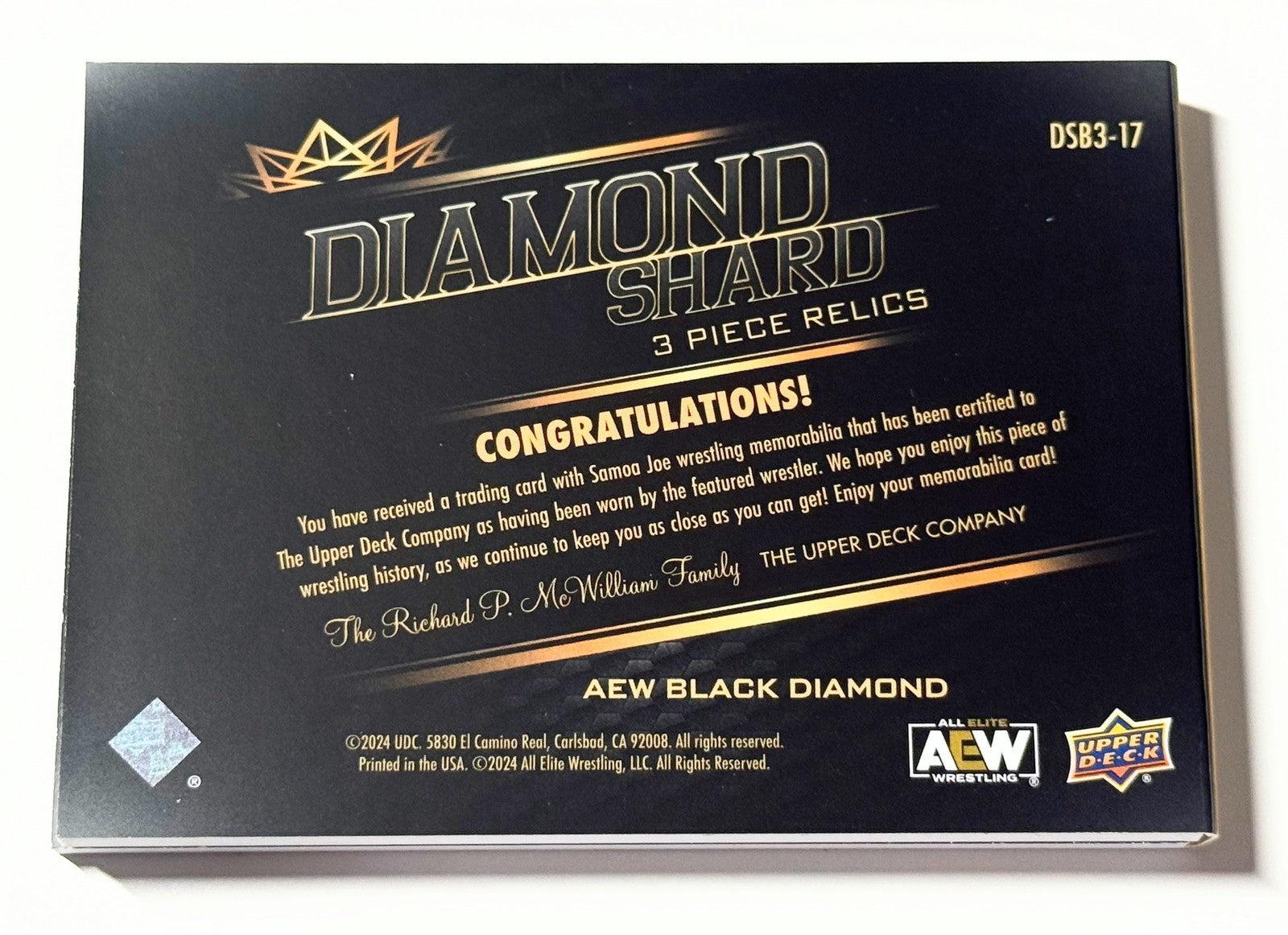 2024 Upper Deck AEW Black Diamond Samoa Joe Diamond Shard Relics Card DSB3-17