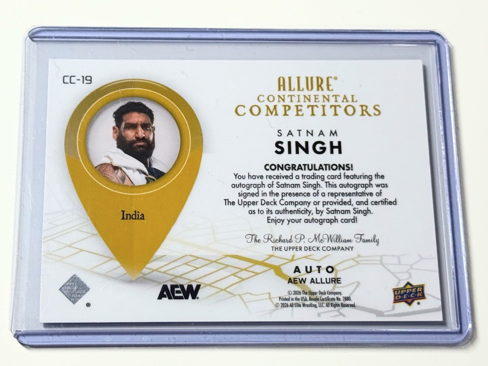 2026 Upper Deck AEW Allure Satnam Singh Continental Competitors Autographed Card CC-19
