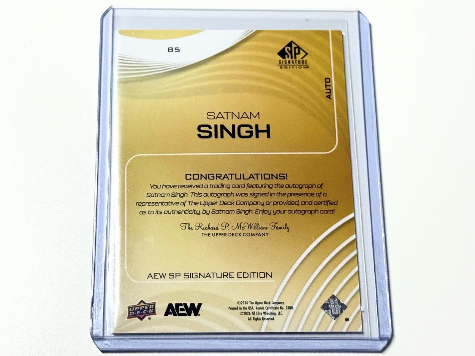 2026 Upper Deck AEW SP Signature Edition Satnam Singh Autographed Card #86
