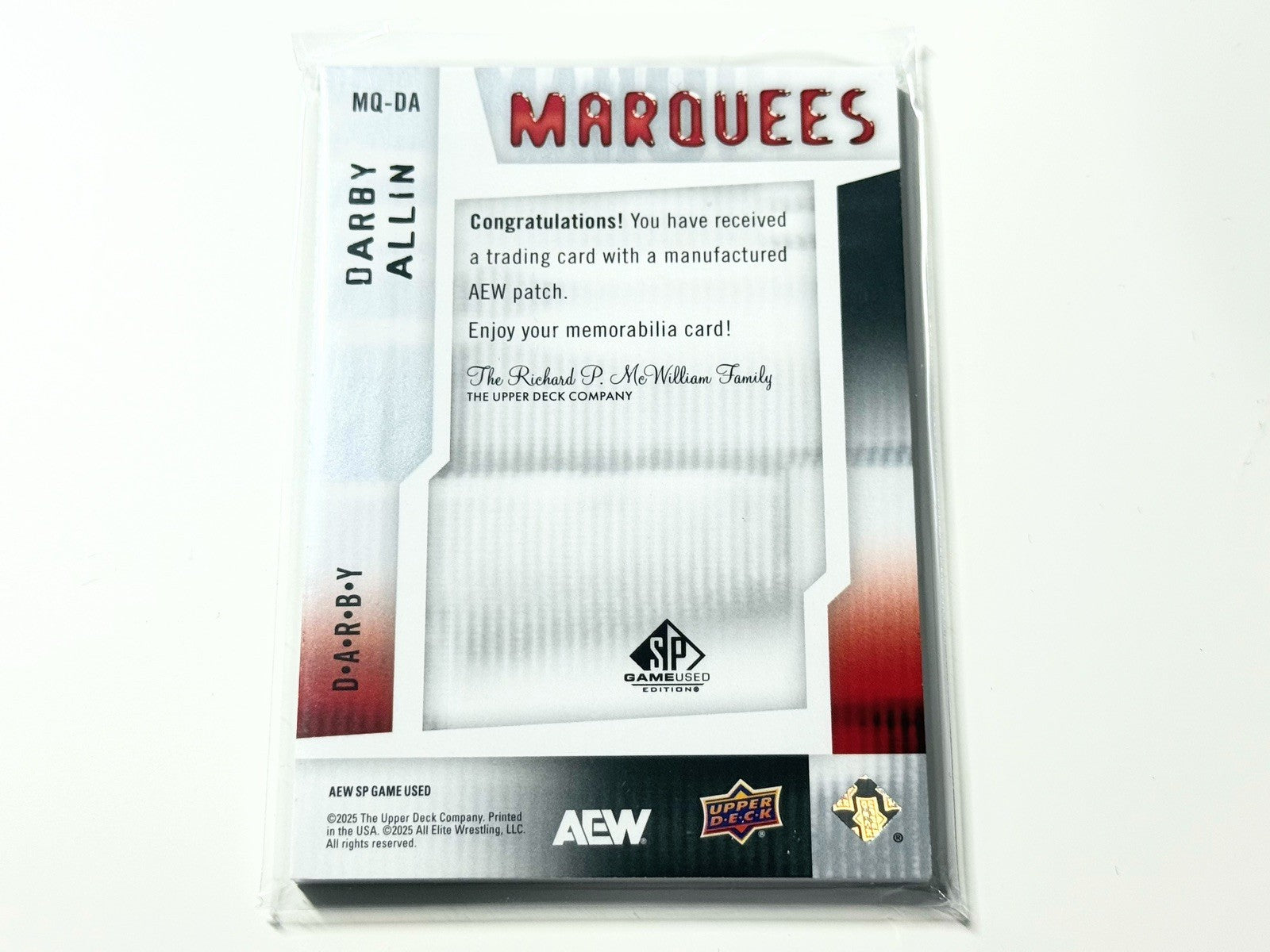 2025 Upper Deck AEW SP Game Used Darby Allin Marquees R /50 Card MQ-DA