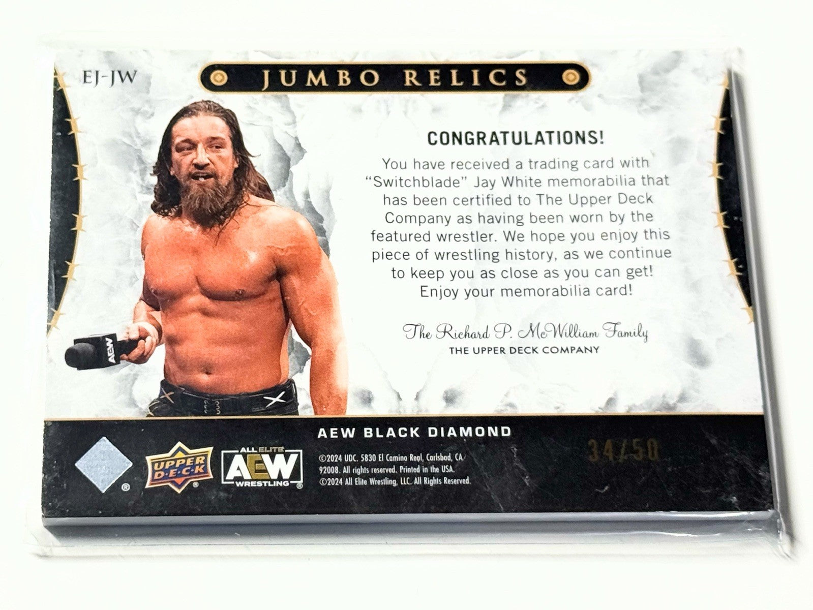 2024 Upper Deck AEW Black Diamond Switchblade Jay White Diamond Jumbo Relics /50 Card EJ-JW